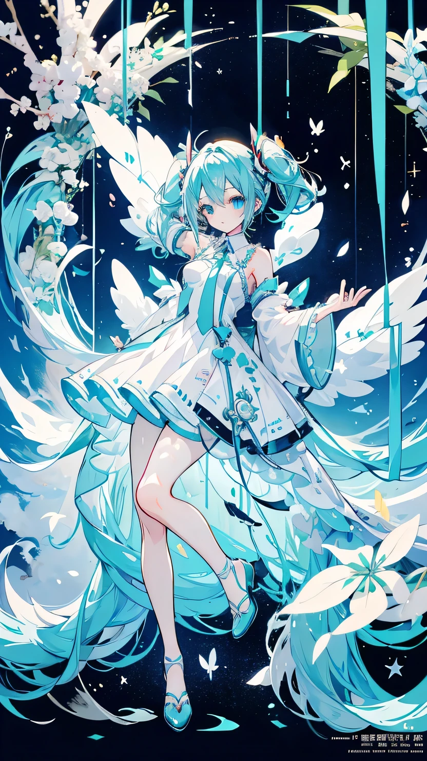Full body illustration, anime character with blue hair and white dress,, hatsune miku, pixiv contest winner, mikudayo, pixiv, at pixiv, pixiv style, trending on pixiv, hatsune miku short hair, hatsune miku portrait, portrait of hatsune miku, top rated on pixiv