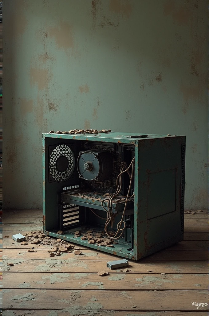 A broken computer case on the wooden floor