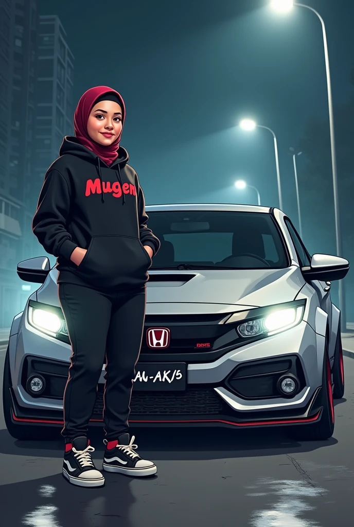 cartoon large fat chubby girl with glasses, dark red hijab, black hoodie with mugen word in red, black jogger pants, hi-cut black white vans shoes, side by side with sporty modified silver honda jazz gk5 rs 2018 model at night foggy weather