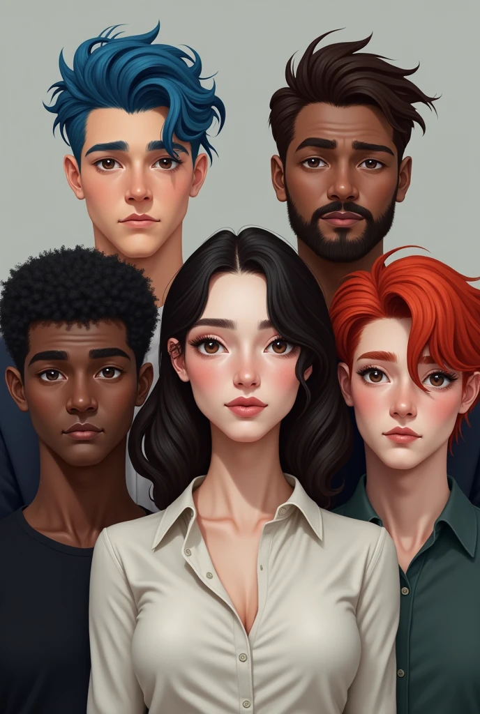 Draw four men and a woman in the middle. The woman has white skin. The man on her right has black hair and white skin. The man on her left has midnight blue hair and white skin. The man next to the black-haired man has red hair. The man next to the blue-haired man has brown hair.