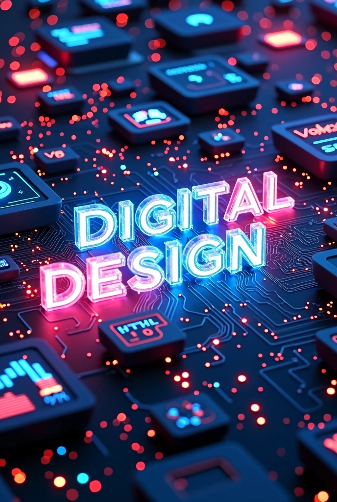 {
"size": "1024x1024",
"prompt": "A 3D render of a futuristic digital design environment focused on programming. In the center, the words 'Digital Design' are displayed in floating, transparent 3D letters with embedded luminous circuits. The background features abstract elements representing data flow, lines of code, and electronic circuits, all arranged in an aesthetic pattern. Surrounding the text are various digital interfaces, coding screens in Python, JavaScript, and HTML, and holographic keyboards. The scene is illuminated with neon lights, highlighting the key elements with glowing reflections and a high-tech ambiance."
}