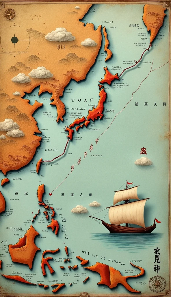 A detailed vintage-style map highlighting the Pacific Ocean with Japan on the left and the west coast of America on the right. A traditional wooden ship sails along a dotted red line representing the journey from Japan to America. The map is aged, with faded colors and worn edges, featuring old Japanese handwritten notes, stamps, and a compass rose in the corner to enhance the historical feel. In the background, soft, swirling clouds and ocean waves add a sense of adventure and movement.