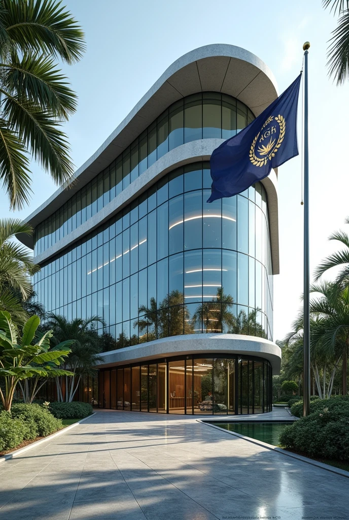 A company headquarters with,



The image showcases a modern building with distinct Singaporean architectural elements. The building features sleek glass facades, clean lines, and an elegant, minimalist design that reflects a blend of modernity and traditional Southeast Asian influences. The structure rises several stories high, with a curved roof inspired by the traditional "Minangkabau" style, slightly flaring at the edges.

At the top of the building, prominently displayed is a large sign that reads "APEX GLOBAL HOLDINGS EMBASSY" in bold, metallic letters, illuminated subtly for a sophisticated look. The lettering is centered above the main entrance, which is framed by two large, polished stone pillars.

The building is surrounded by a lush, well-manicured compound, featuring a variety of tropical plants, palm trees, and a koi pond that reflects the building's modern yet organic design. A wide, stone pathway leads to the entrance, bordered by low, neatly trimmed hedges.

Flag Description:

A flagpole stands to the right of the main entrance, positioned near the koi pond. The flag of Apex Global Holdings is flying atop it, featuring a deep navy blue background with a golden emblem at the center. The emblem is a globe encircled by olive branches, symbolizing peace and global reach, with the letters "AGH" elegantly inscribed at the bottom of the globe in a bold, modern font. The flag waves gently in the breeze, adding a sense of dignity and prestige to the setting.

The entire scene is set against a clear blue sky, with the building’s glass facade reflecting the natural surroundings, enhancing the serene and prestigious ambiance of the compound