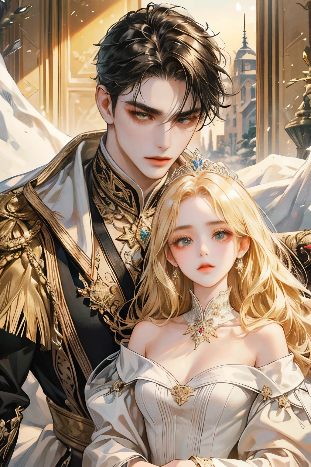 Masterpiece, high resolution, Anatomically correct, qualityที่ดีที่สุด, details, detailsสูง, โมเดลhigh resolution, quality, detailsมาก, high resolutionสุด, realistic textures, 1 man, 1 woman,loved one, loved oneชายหญิง, Look straight.., A man with black hair, black eyes, Fierce eyes, Broad shoulders, And courage., Blonde woman, golden eyes, And the stubborn gaze.,shut your mouth, Winter clothes, snow,Winter Palace, Antique dress, Retro dress, Duke, princess, She's a.