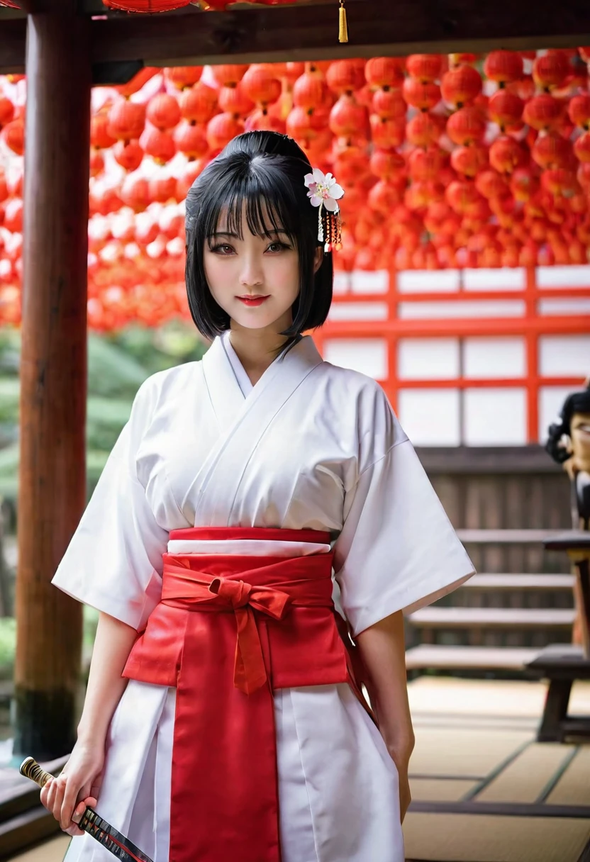 Dancing Girl。On the border between adulthood and childhood、A girl like a colorful bud。The top is pure white with short sleeves.。Shrine Maiden Costume。Sharp eyes like a blade。On her face、I'm still very young。Her eyes are large and slightly slanted.、The nostrils are sharp。Lips like petals、Lip balm makes her look shiny。The black hair has a moist, wet shine.、With a bob haircut like a Japanese doll、Make her look even younger。The body is feminine and rounded。Tight ass meat。Chest swelling。Despite her slim and pretty body、Her breasts are extremely voluptuous.。Flushed cheeks。Like a Japanese sword、Beautiful standing posture。shrine maiden outfit, red skirt