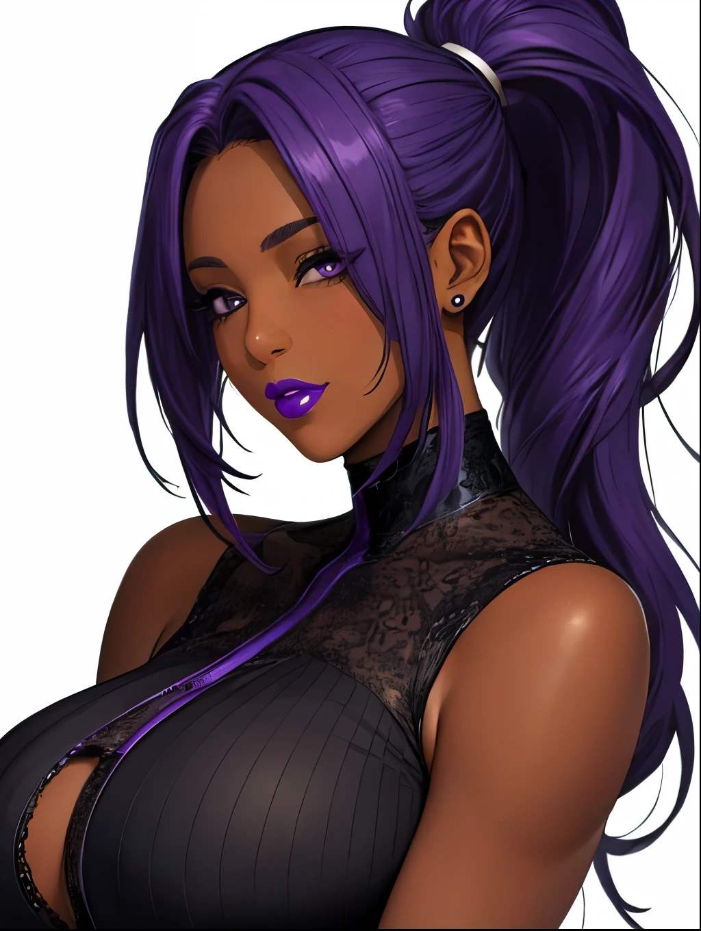 1 girl, Sombra from overwatch, (dark skin female:1.3), naked, medium breasts, sweating a lot, black eyes