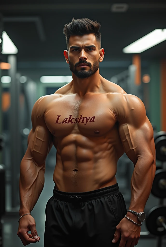 a hot full  white skinned indian man who's muscled and has a shirt with text lakshya with gym background 