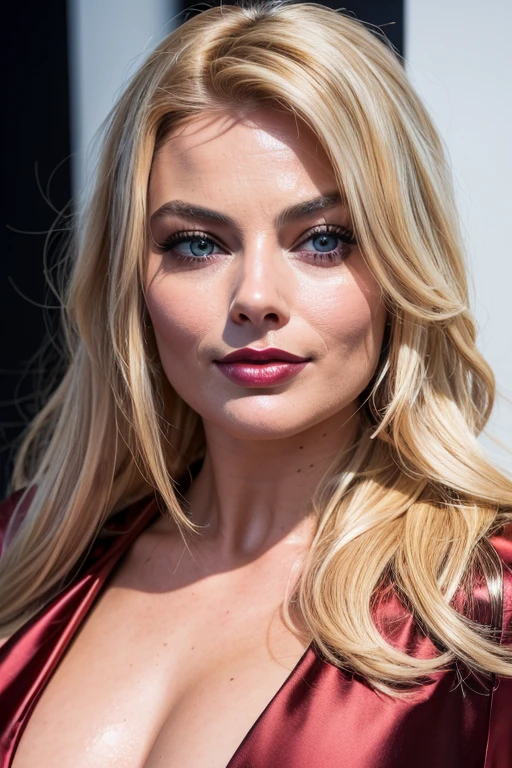 Close up head shot portrait,(best quality,4k,Alto:1.2),ultra-detalhado,Realistic, photo, professional, studio lighting, vivid colors, sharp focus, Physically-based rendering,HDR, extremely detailed eyes and face, beautiful detailed lips, long eyelashes,(exposed cleavage red shiny silk shirt:1.3),pokie nipples, Actriz Margot Robbie, woman 30 years old,long blonde hair, Curvy, Looking at the Viewer,