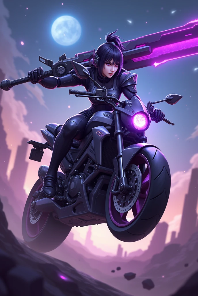 (Mobile legends bang bang)Black hair,The robotic suit is black and purple,Holds a large purple-black sword,While riding a motorcycle,Dante,Galaxy place,Purple eyes.