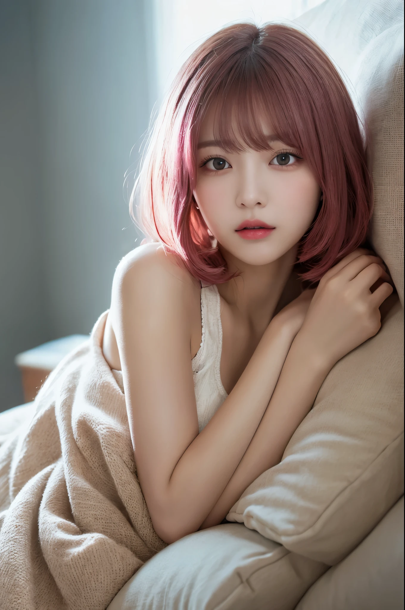 The pieces fly, Highest quality, figure, Very detailed, The finer details, High resolution, 8k,wallpaper, Perfect dynamic composition, Beautiful attention to detail, White camisole,Short Bob Hair、Pink Hair Color,Big Natural Color Lip, Bold sexy pose, Cold Stare, 20-year-old girl、Cute type、Good Eyes、Sleeping in bed、Hold your head、Simple Background