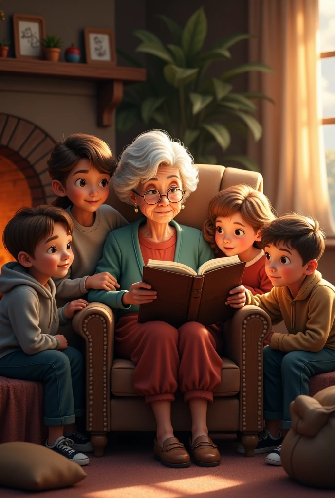 A grandma sitting in her armchair reading a book called Grandma Evelyn's Tales, there are five grandchildren, two boys and three girls in a very cozy house