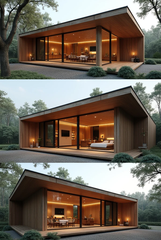 Design a 60m2 house, 1 small bedroom and shared bathroom: 1 double bedroom with suite and closet next to the living room: kitchen combined with the living room.
living room with fireplace and master bedroom with a view, separated by a wall with 60cm round eucalyptus columns, gable roof and glass front