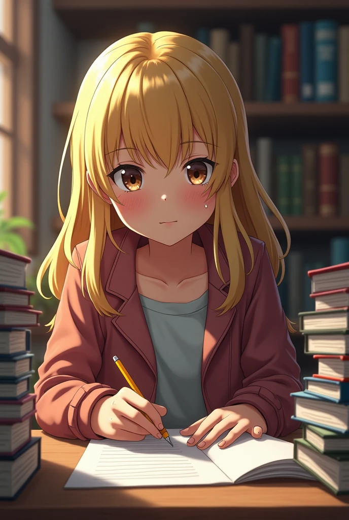 A high school girl with blonde hair. A student who is very serious about her studies, which makes her a little sad. She often puts pressure on herself.