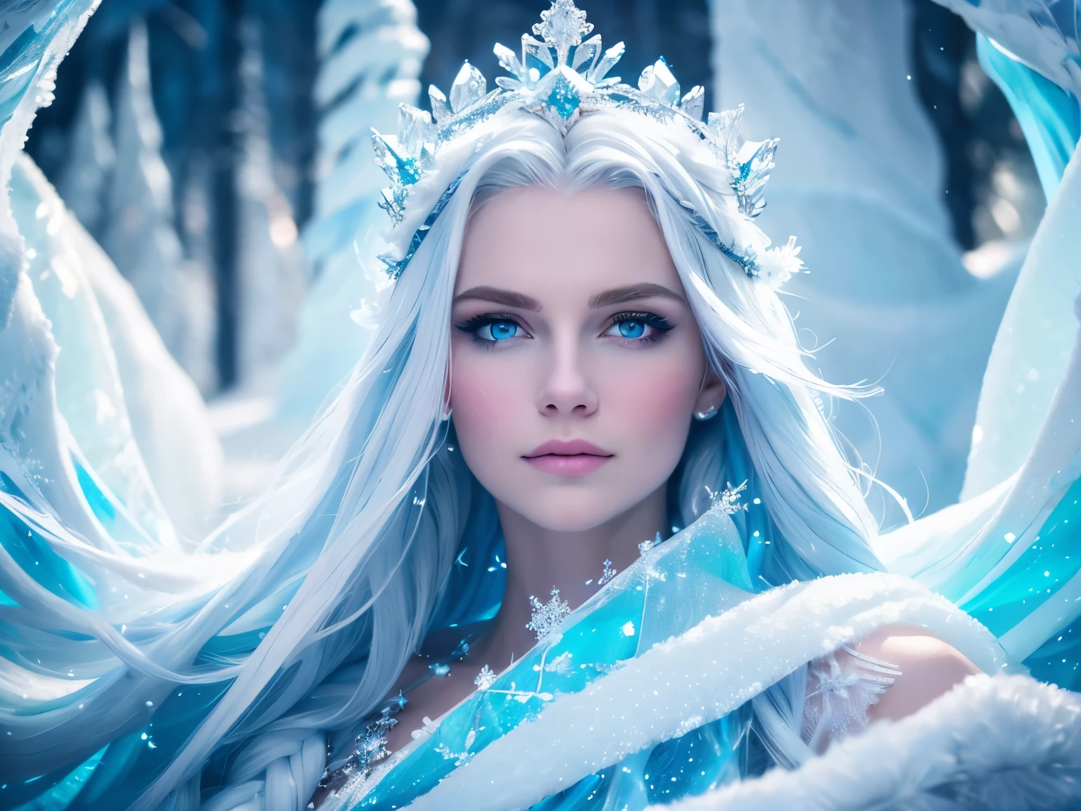 a detailed portrait of a beautiful ice queen, long flowing white hair, piercing blue eyes, delicate ice crystal crown, elegant ice blue gown, glowing icy aura, in a frozen winter landscape, snow-covered trees, crystalline ice formations, dramatic lighting, high contrast, cinematic composition, photorealistic, 8k, hyper detailed, masterpiece