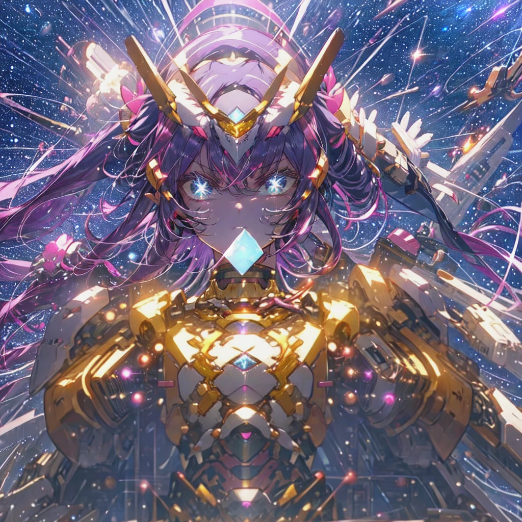 masterpiece,best quality,1girl,aafrie,[green eyes|blue eyes],long hair, purple hair,twintails,pointy ears,thick eyebrows,flat chest,(chest armor),mecha musume,white theme,bodysuit,fortified suit,mechanical parts,robot joints,headgear,full armor,expressionless,looking at viewer,action pose,outer space,science fiction,