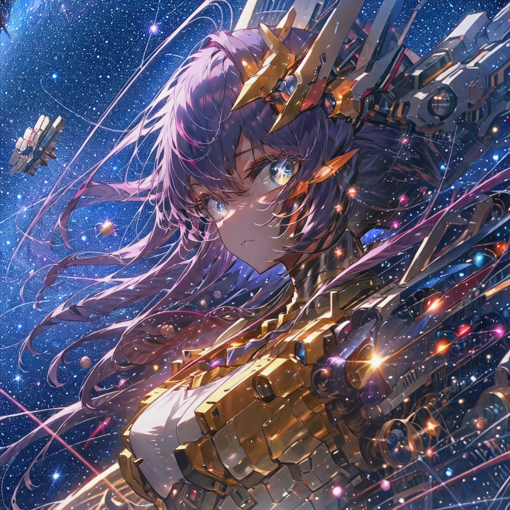 masterpiece,best quality,1girl,aafrie,[green eyes|blue eyes],long hair, purple hair,twintails,pointy ears,thick eyebrows,flat chest,(chest armor),mecha musume,white theme,bodysuit,fortified suit,mechanical parts,robot joints,headgear,full armor,expressionless,looking at viewer,action pose,outer space,science fiction,