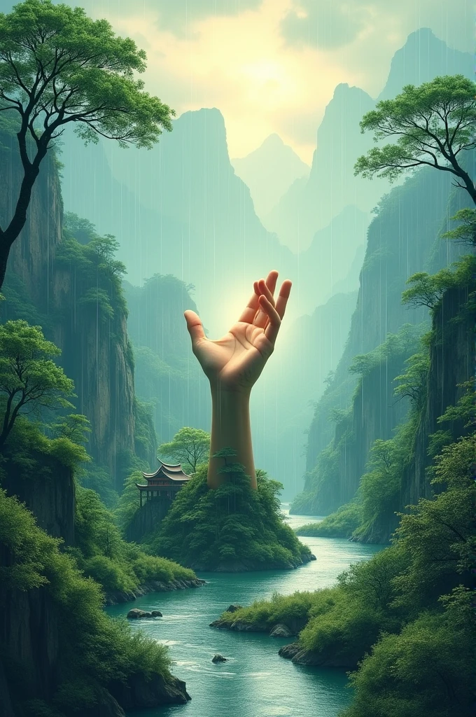 Earth water river rainfall mountain temple tree human hand logo for banner