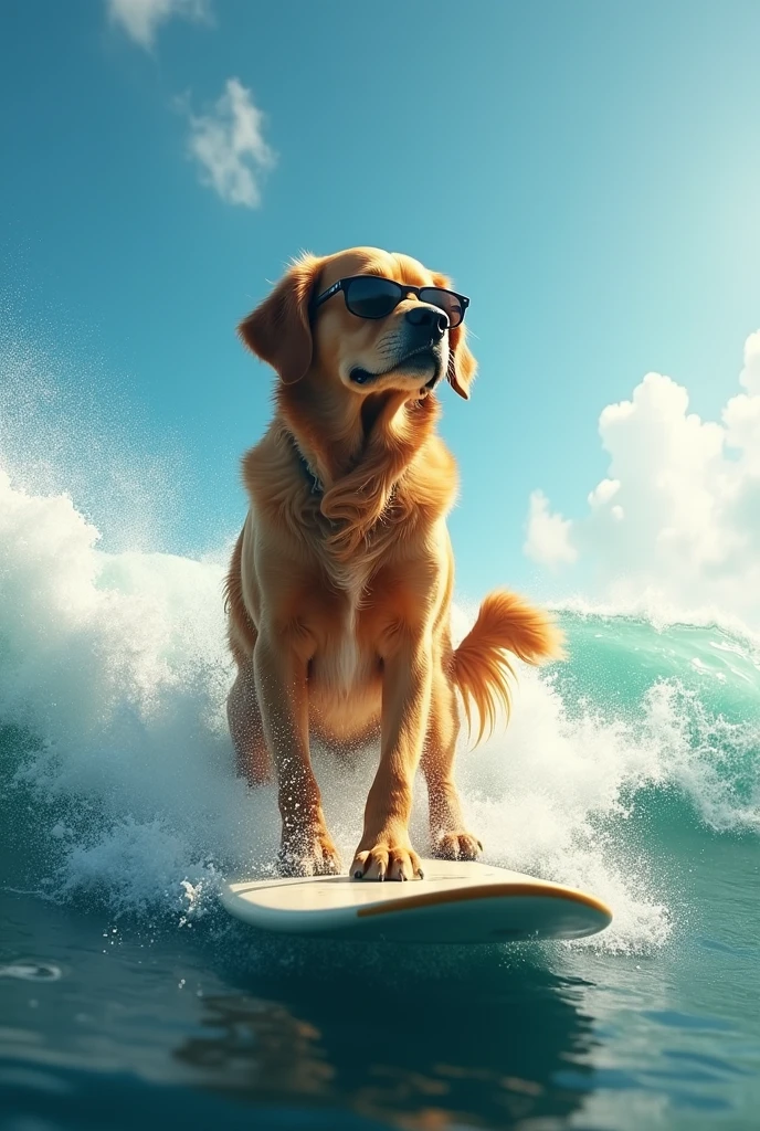 Golden Retriever、Surfing in the sea、Realistic fur、Realistic、raw、Photorealistic、Super detailed、high resolution、high quality、High resolution、Big Wave、sunglasses、Handstand、Jump、Riding the waves