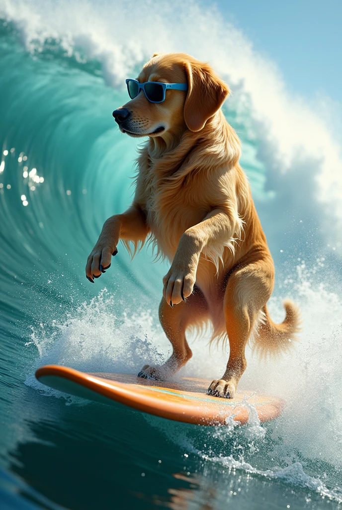 Golden Retriever、Surfing in the sea、Realistic fur、Realistic、raw、Photorealistic、Super detailed、high resolution、high quality、High resolution、Big Wave、sunglasses、Handstand、Jump、Riding the waves