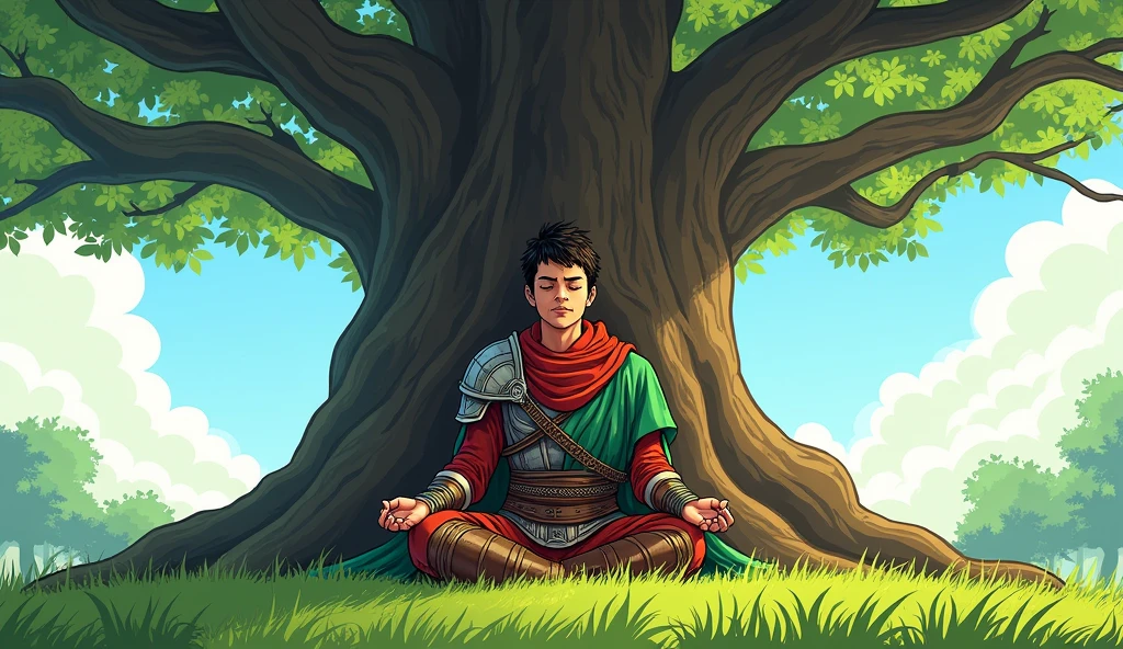 Certainly! Here’s the revised prompt for number 17:
17. **Arav meditating under the tree**: Comic style. **Arav, the adult warrior**, sits cross-legged under the large tree, meditating peacefully. He wears traditional warrior armor, which includes a detailed chestplate with intricate designs, leather straps, and protective gear on his arms and legs. His green cloak is draped around his shoulders, and his red scarf is neatly folded on his lap. His short black hair is tied back, and his face is serene, reflecting his inner peace. The background includes the expansive branches of the tree creating a natural canopy, with dappled sunlight filtering through the leaves and soft grass underfoot.