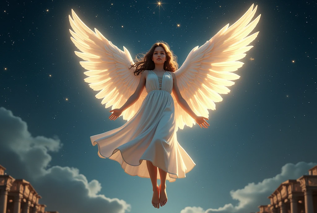 ((masterpiece, Highest quality, Best image quality, High resolution, Realistic, RAW Photos, 8k)), ((Highly detailed CG synthesis 8k wallpaper)), (Starry sky background、A beautiful star is shining、The girl flew off into the sky on her white wings.、Smiling kindly at the audience、A girl&#39;s smile floating vaguely in the starry sky、Mysterious starry sky、Incredible beauty, Perfect Proportions:1.4), Looking up at the stars from the ruins of ancient Greece,From Mount Olympus、 Movie Posters, past, present and future,