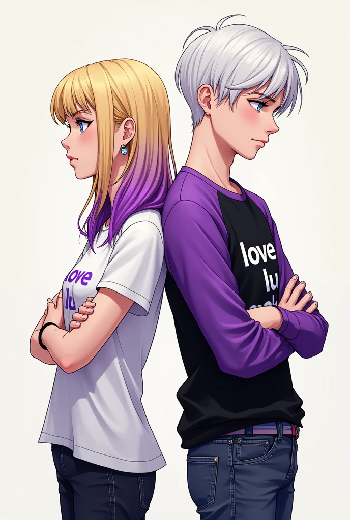 Aesthetic drawing of a couple with their arms crossed and their backs to each other. blonde with purple hair highlights and white blouse with the words Love Lu makes in purple. white curly hair black purple blouse written Love Lu makes in white color.