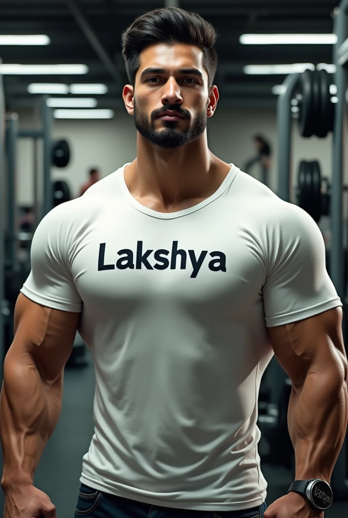 a full white skinned indian man who's muscled and has a shirt with text lakshya with gym background