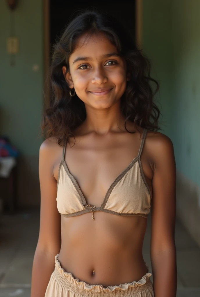 Cute Sri Lankan Tamil village girl of  18 fully naked due to poverty, trying to cover her cute grown boobs with front torn open neckline piece of short blouse front fully unbuttoned, front untied open in the middle. So her cute middle boobs and cute nipples are clearly visible