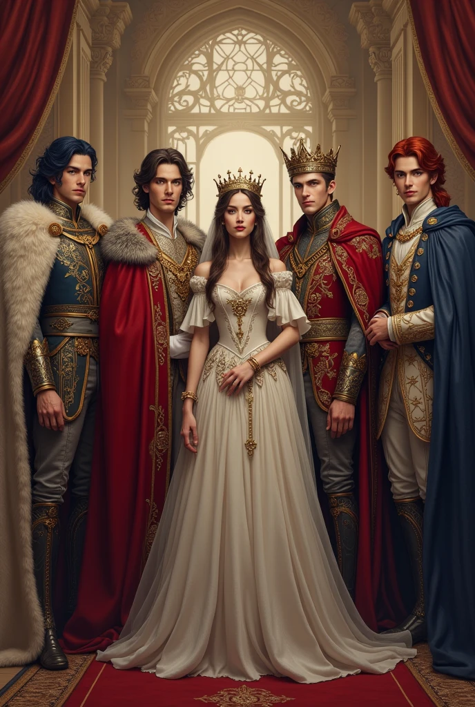 Draw four men and a woman in the middle. The woman has white skin. The man on her right has black hair and white skin. The man on her left has midnight blue hair and white skin. The man next to the black-haired man has red hair. The man next to the blue-haired man has brown hair. They all wear clothes like princes and kings.