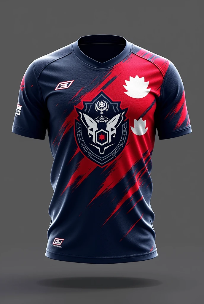 Creat a jersey for ESPORTS WITH LOGO .witre FURY SOLDIERS IN MIDDLE .keep nepal falg in right side of jersey and FS LOGO IN MIDDLE.show front and back side of jersey
