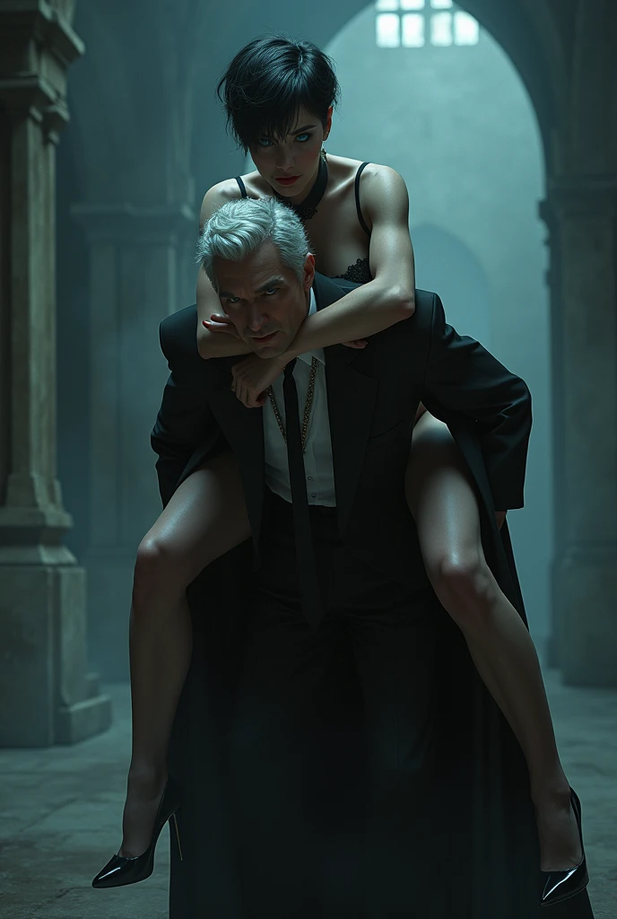 Beautiful undead gothic vampire girl with short dark hair and blue eyes, Big big butts, musculada fitness,super huge tits, Waders, BBW ,very tall she carries her 60 year old human master on her back, She carries him on her back and he touches her