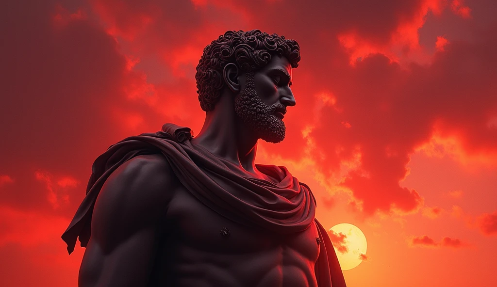 "A highly detailed digital painting of a stoic statue of Marcus Aurelius, styled with a vibrant and dynamic red and black color scheme. The statue is set against a backdrop reminiscent of a fiery, surreal sunset, where the sky is filled with glowing red and orange hues, resembling the first image's texture. The edges of the statue and the surrounding elements are softly blurred, blending into the background to create a smooth, painterly effect. The image evokes a sense of mystery and epic grandeur, with the textures resembling the flowing, organic forms of the first image.