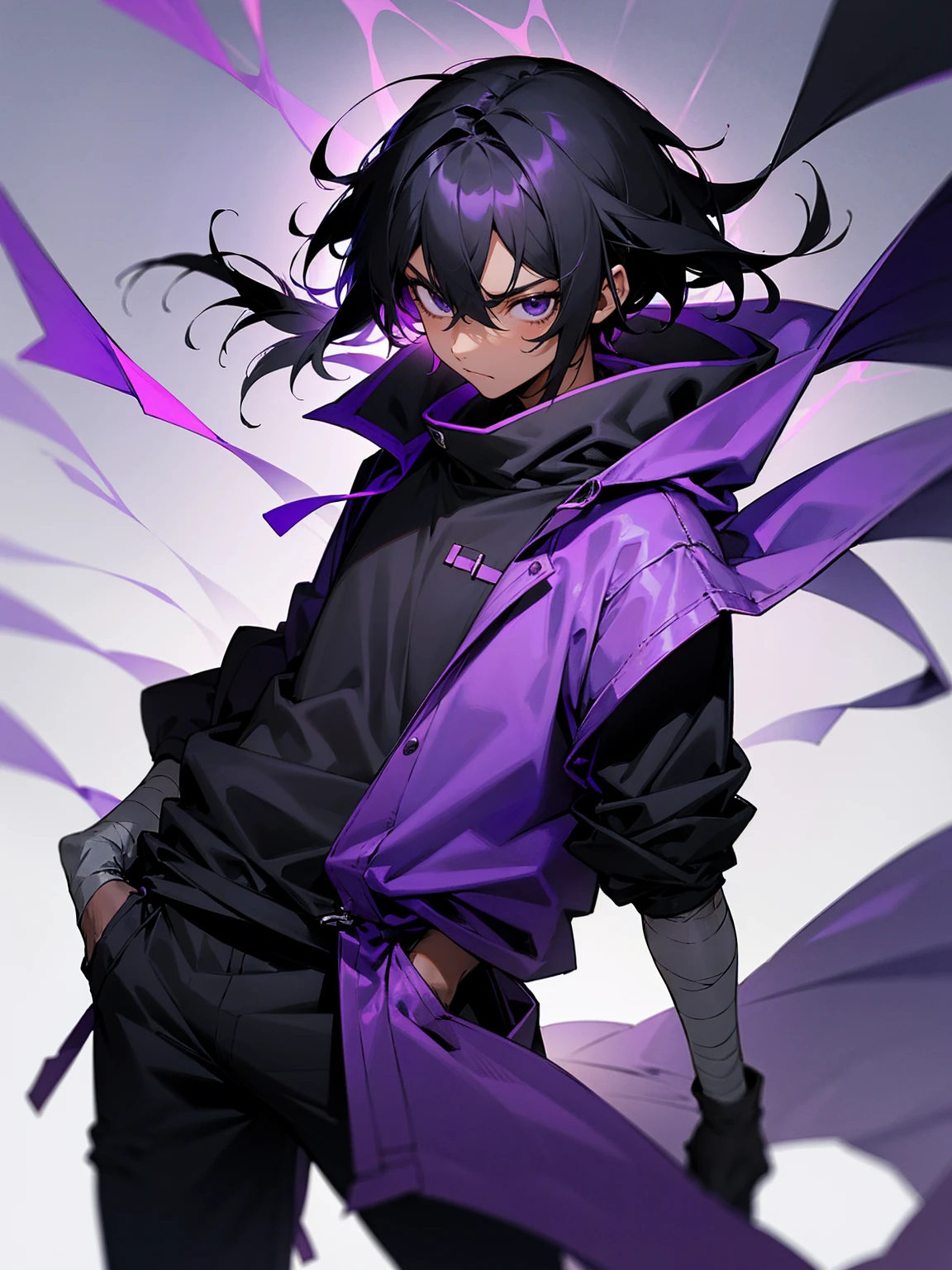 1male, young, black eyes, black hair, medium length hair, tied to the back, darkskin, black bandages on arms, purple gloves, purple yukata, black sweatshirt, serious, hands in pocket