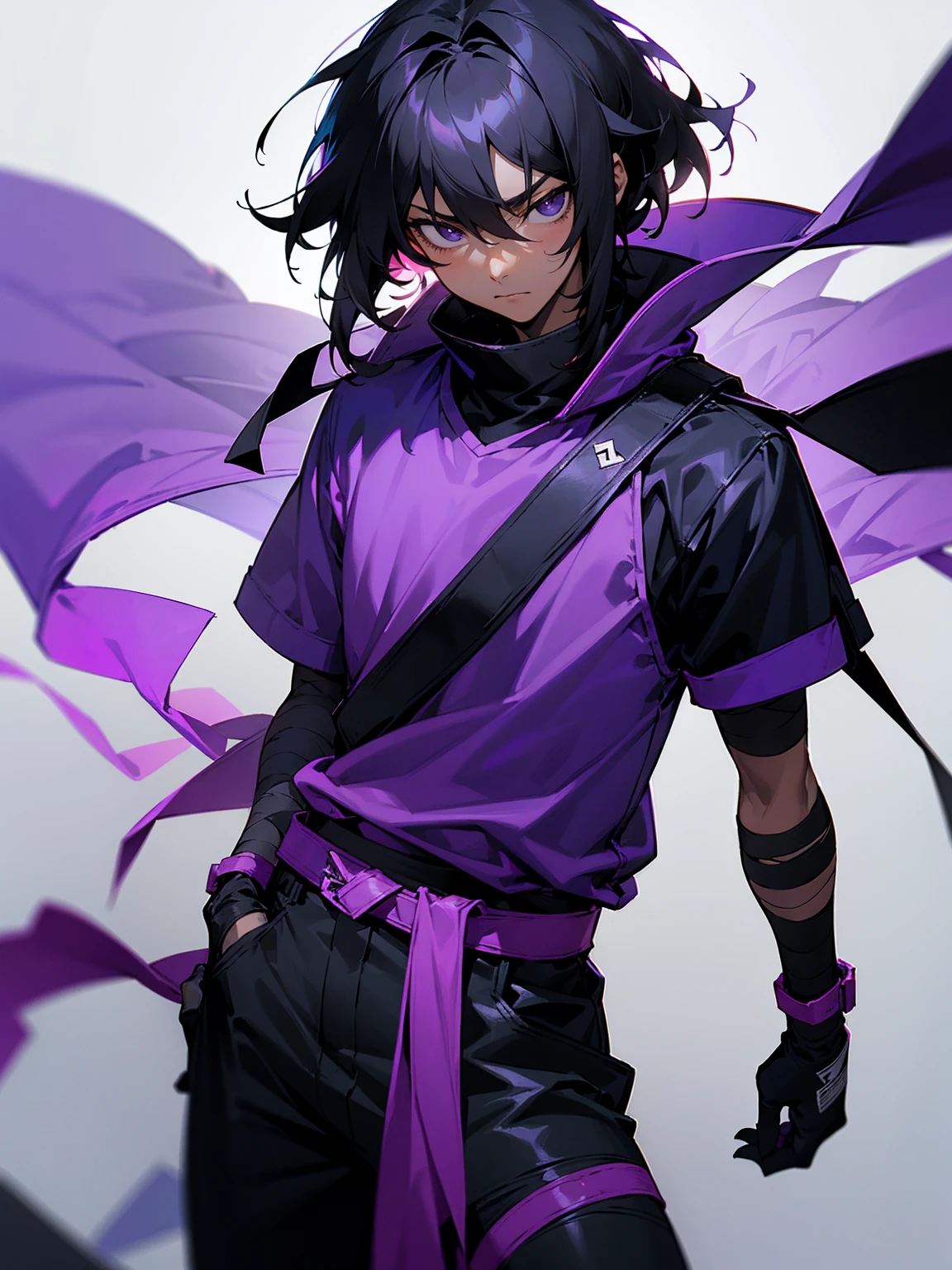 1male, young, black eyes, black hair, medium length hair, tied to the back, darkskin, black bandages on arms, purple gloves, purple yukata, black sweatshirt, serious, hands in pocket