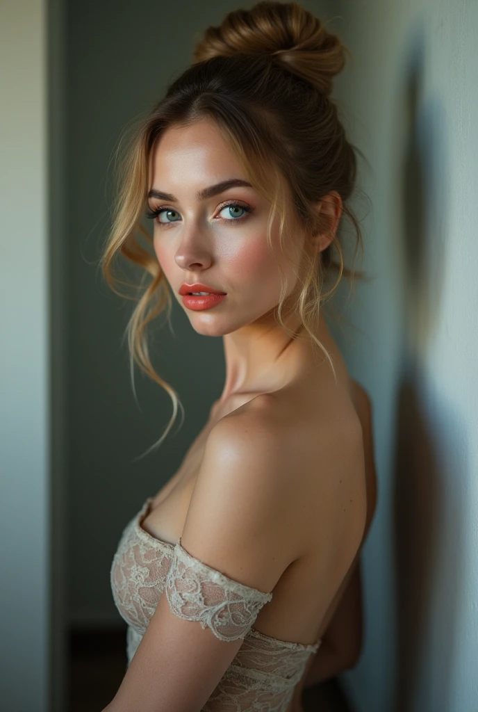 Sexy pose showing above the knees , Sensual pose from the waist up , Detailed skin texture , Super hot dark blonde woman with heavy make-up and short layered bun posing for a photo, Half-open minimalist see-through transparent clothing ,Beautiful Lips, Focus on pursed lips, pale Thin lips, Big lips and kind blue eyes, Delicate pale pink lips, Thin lips, Perfect Lips, Eyes and lips, Beauty Retouching, Open your mouth, big Eyes and lips, Coral lipstick, Fuller lips, thin pale pink lips