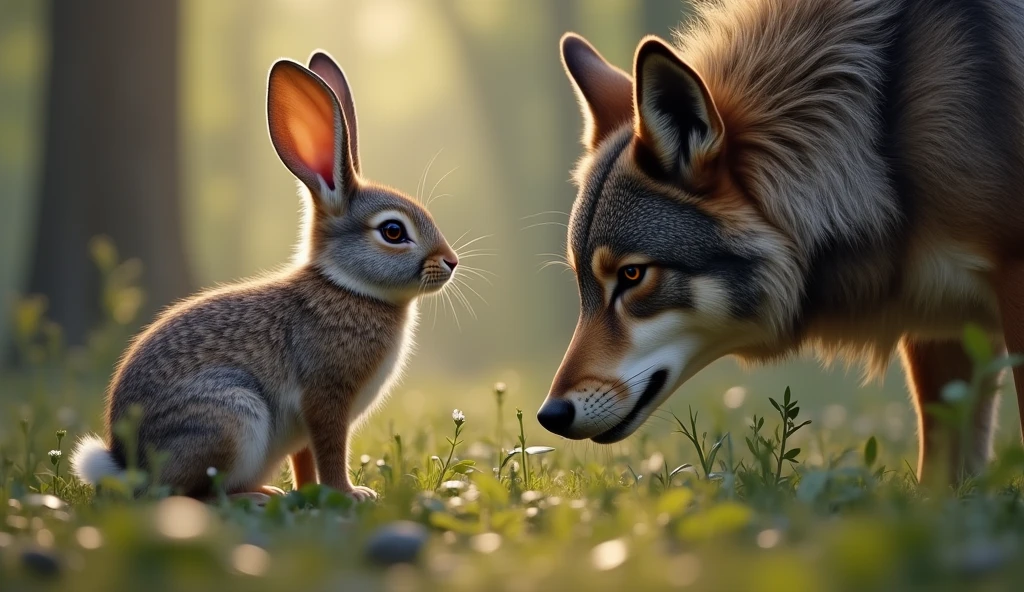The bunny looks at the wolf
