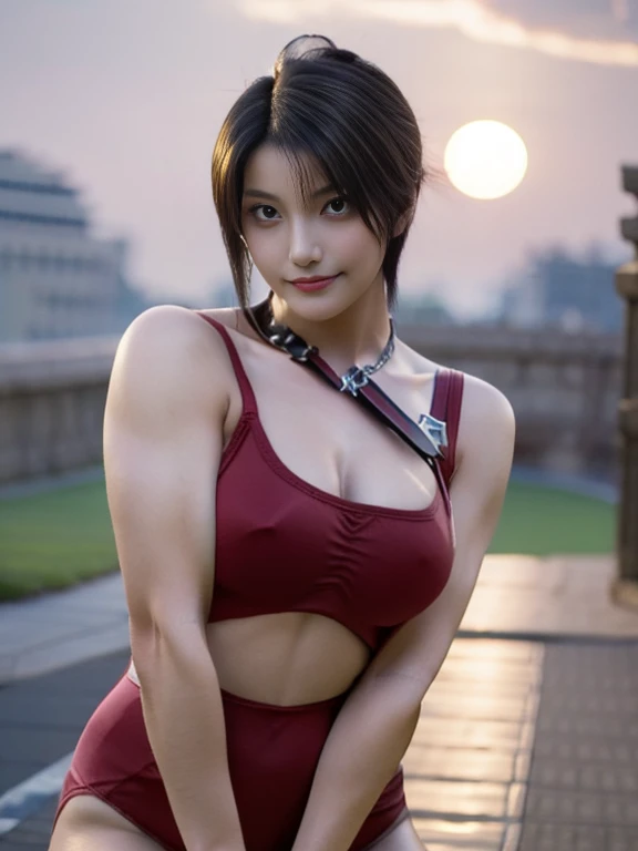 20 year old Japanese beauty，One woman、Muscular body like a bodybuilder、Emphasize the breasts、Slit eyes、A head-to-toe view，Bust is very very large、Full moon night in the background、High quality photos、Clear, crisp images of the lower body、Masterpiece 8k、Smiling、Throwing a shuriken with the right hand、From the front, from the side, from the back, etc.々from what camera angle to shoot、A ninja costume of purplish-red color