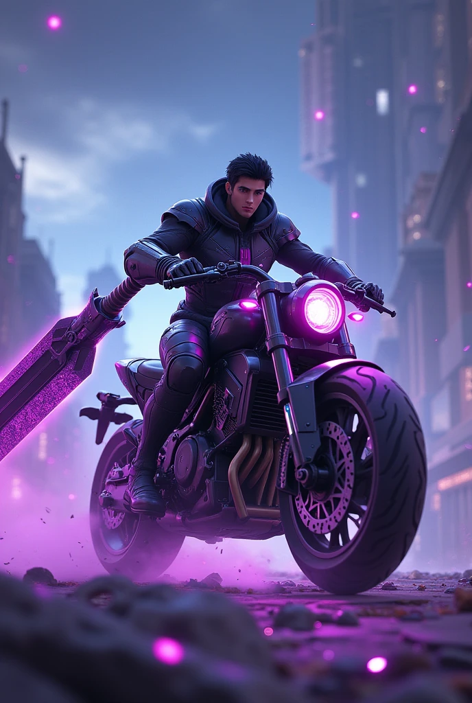  (Mobile legends bang bang)Black hair,The robotic suit is black and purple,Holds a large purple-black sword,While riding a motorcycle,Dante,Galaxy place,Purple eyes.(HE)!!!
