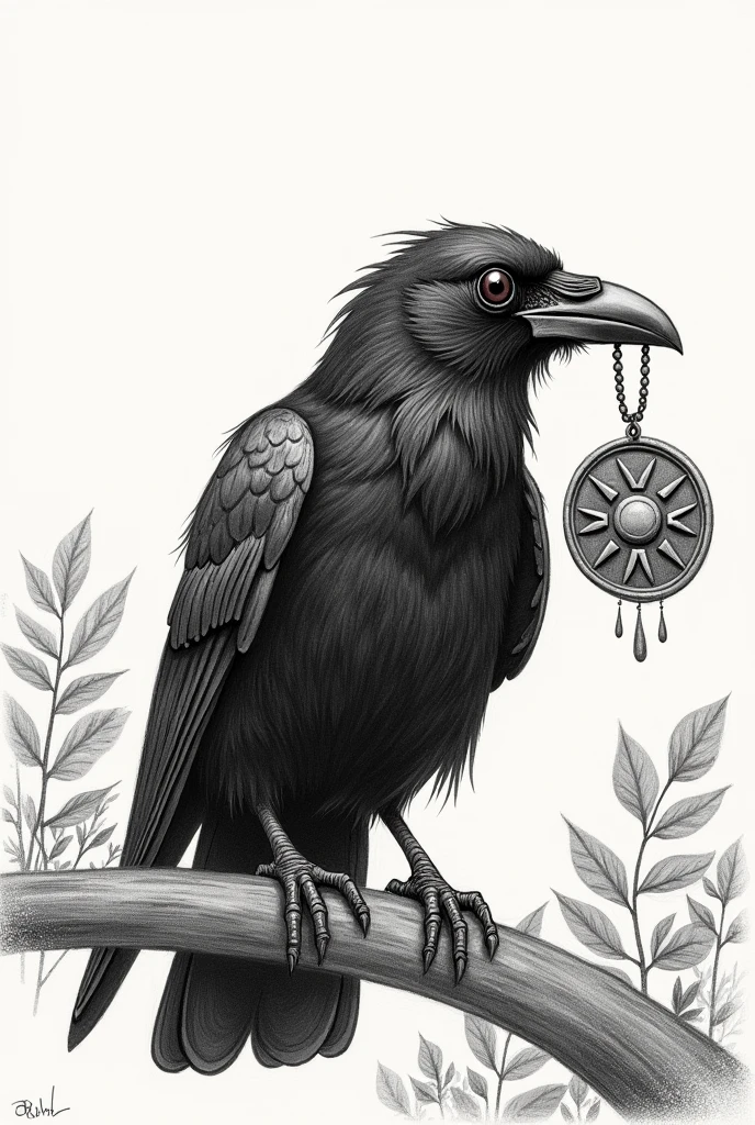 crow, sitting on a branch and holding a medallion with a kolovrat in its beak , draw with a pencil , like a child's drawing