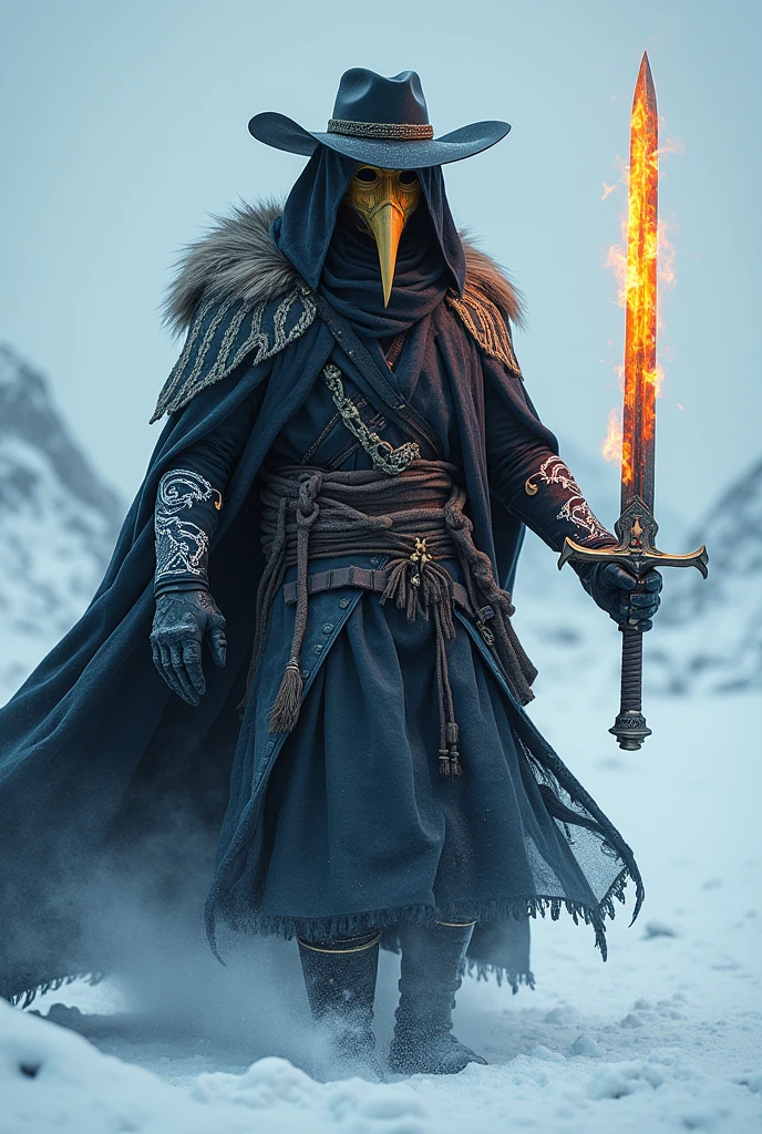 Hunter in an Arctic desert, with a long sword of fire and ice (it's the same sword, possessing both powers). He wears a golden plague mask (those masks with a huge beak) and details of white dragons on his outfit (sobretudo escuro), besides a cowboy hat (not very wide).