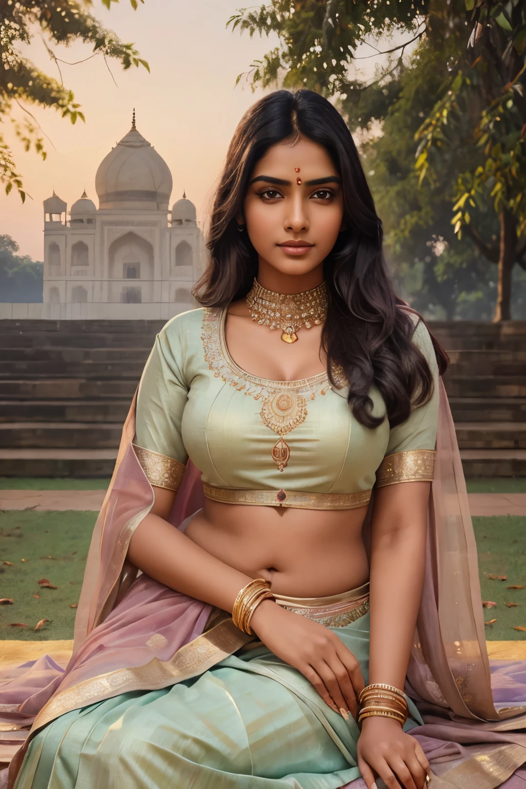 a professional majestic photo-realistic painting by ravi verma, intricate stunning highly detailed Indian woman, looking at the viewer, slight coy smile, full body portrait, aesthetic, pastel colors, highly detailed symmetrical attractive face, large eyes, sharp focus, fine detail, autumn lights, next to khajuraho monuments in the background