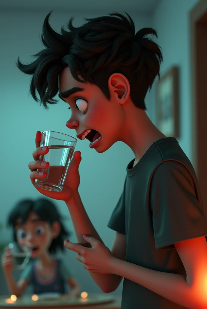 Scared Young Male Character Holding a Glass of Water in 3D Style 3D Check out the blue weather Tessa Di  A little away from the camera putting water in the glass Holding the body with one hand He is drinking water from the glass in profile the character