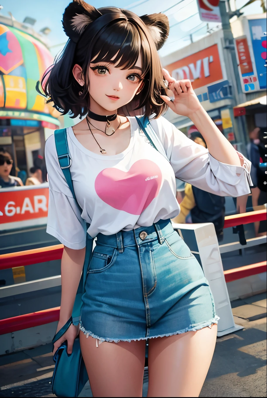 Top quality, highly detailed, UHD, idol, playing at an amusement park, cute and beautiful anthropomorphic koala girl with brown curly bob hair wearing a heart-shaped choker, casual clothes