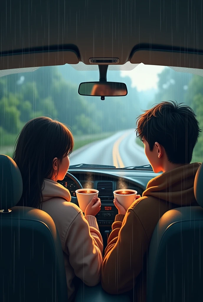 Couple drink tea in rain while driving