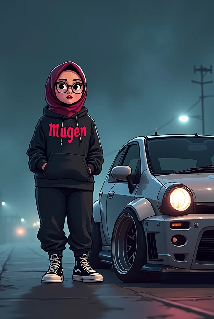 cartoon large fat chubby girl with glasses, dark red hijab, black hoodie with mugen word in red, black jogger pants, hi-cut black white vans shoes, side by side with sporty modified silver honda fit gk5 rs 2018 model at night foggy weather