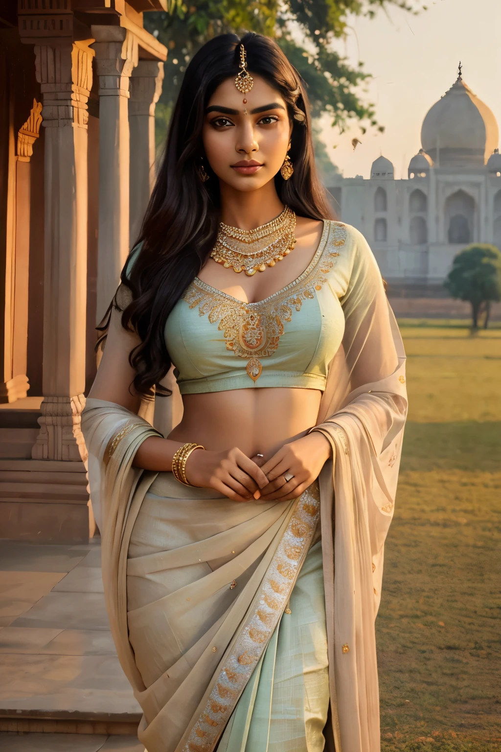 a professional majestic photo-realistic painting by ravi verma, intricate stunning highly detailed Indian woman, looking at the viewer, slight coy smile, full body portrait, aesthetic, pastel colors, highly detailed symmetrical attractive face, large eyes, sharp focus, fine detail, autumn lights, next to khajuraho monuments in the background