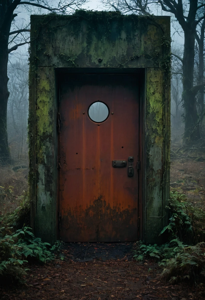 A massive, old steel door, surrounded by dilapidated, overgrown structures, stands in a gloomy, abandoned area. The door is rusted and bears the markings of “SCP-004”, with 12 different keyholes on the front. In the background are eerie, Misty trees and the faint glow of a setting, blood red moon to see. A strange, unnatural glow radiates from a slightly opened gap in the door, and dark shadows seem to slowly move out.