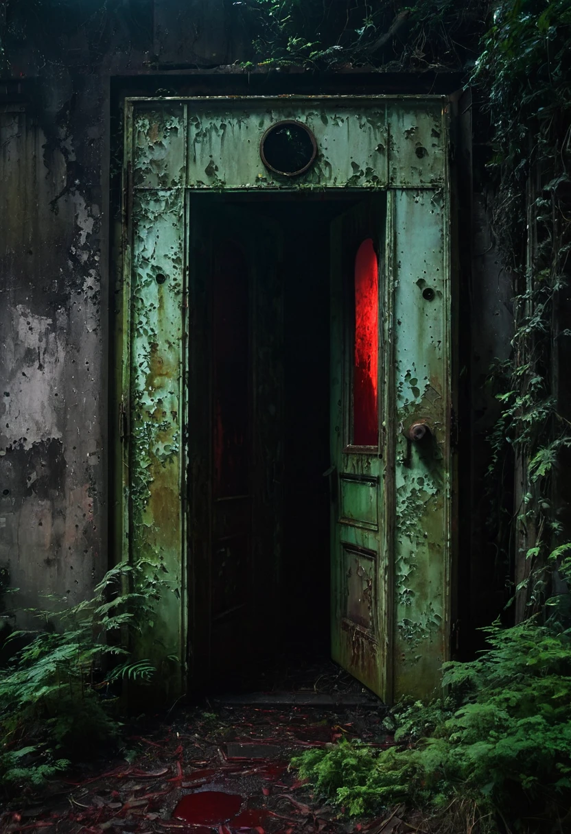 A massive, old steel door, surrounded by dilapidated, overgrown structures, stands in a gloomy, abandoned area. The door is rusted and bears the markings of “SCP-004”, with 12 different keyholes on the front. In the background are eerie, Misty trees and the faint glow of a setting, blood red moon to see. A strange, unnatural glow radiates from a slightly opened gap in the door, and dark shadows seem to slowly move out.