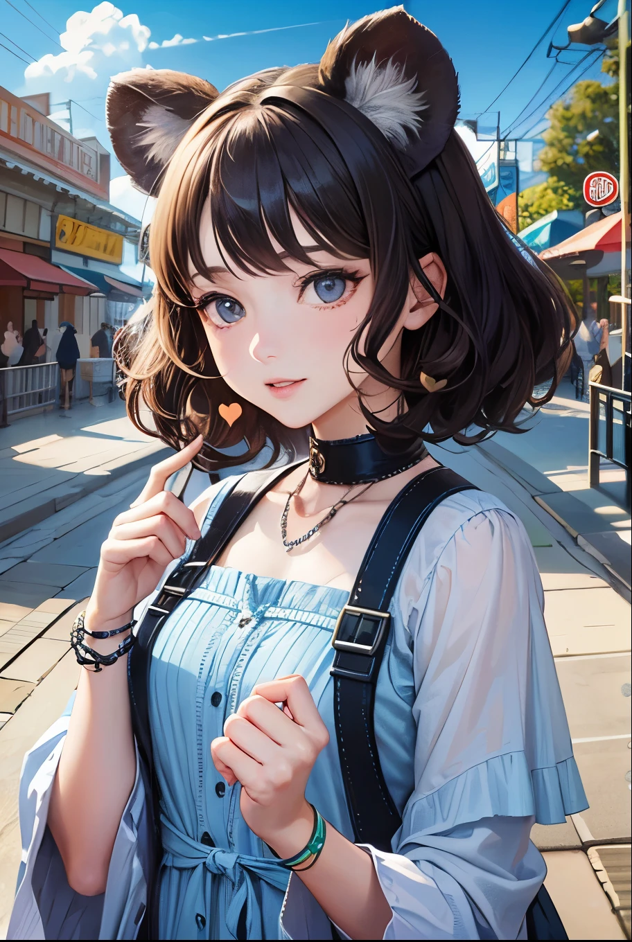 Top quality, highly detailed, UHD, idol, playing at an amusement park, cute and beautiful anthropomorphic koala girl with brown curly bob hair wearing a heart-shaped choker, casual clothes