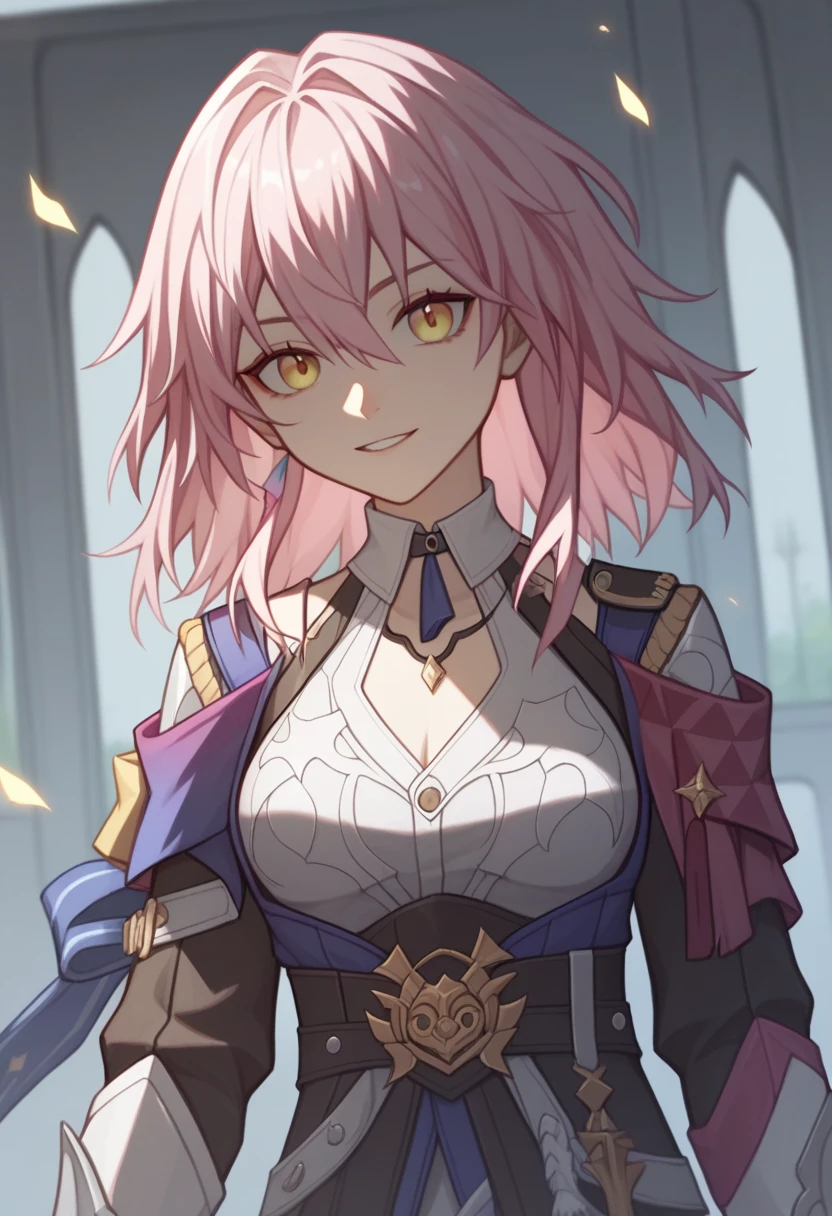 Fraction_9,Fraction_8_Direction_7_up,1 Girl, marching_Seventh_\(Collapse:_Star_rail\), pink_hair, blue色的_Eye, Moderate_hair, long_sleeve, pink_Eye, Two-color_Eye, blue色的_jacket, Black_Necklace, Moderate_breast, hair_between_Eye, armor,Purple sword,Complex background,blue、red、Yellow Eyes,Silver Armor,Injuried